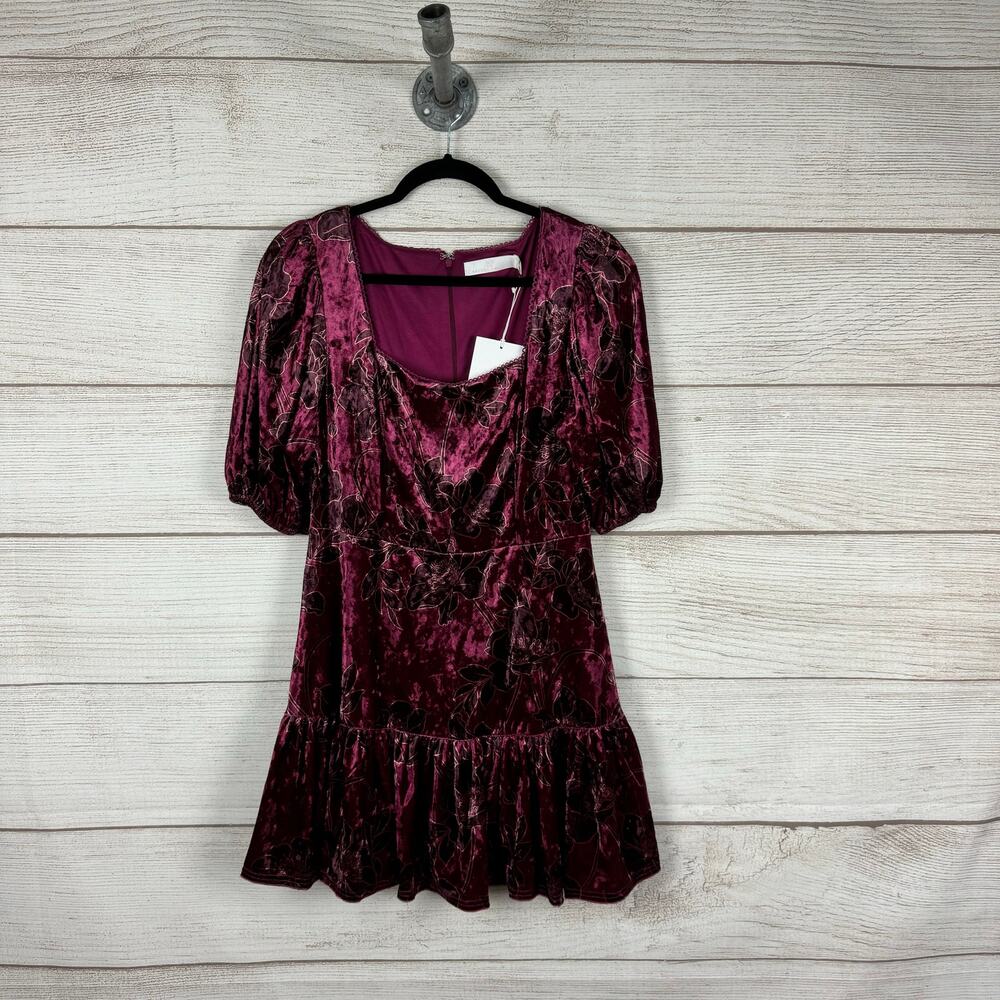 Rachel Parcell Women's Purple Velour Floral Ruffle Puff Sleeve Dress Size 10